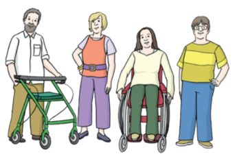 Eine Gruppe von Personen, eine Mann hat einen Rollator und eine Frau sitzt im Rollstuhl