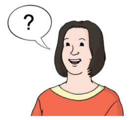 Eine Frau mit einem lächelnden Gesicht und einem Fragezeichen in einer Sprechblase