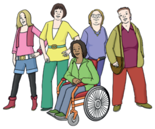 Eine Gruppe von Frauen, eine Frau sitzt im Rollstuhl