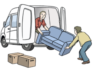 Zwei Männer laden ein Sofa in einen Transporter. Neben dem Transporter stehen noch zwei Umzugskisten.