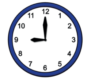 Eine blaue Uhr, welche die Uhrzeit 9 Uhr anzeigt.